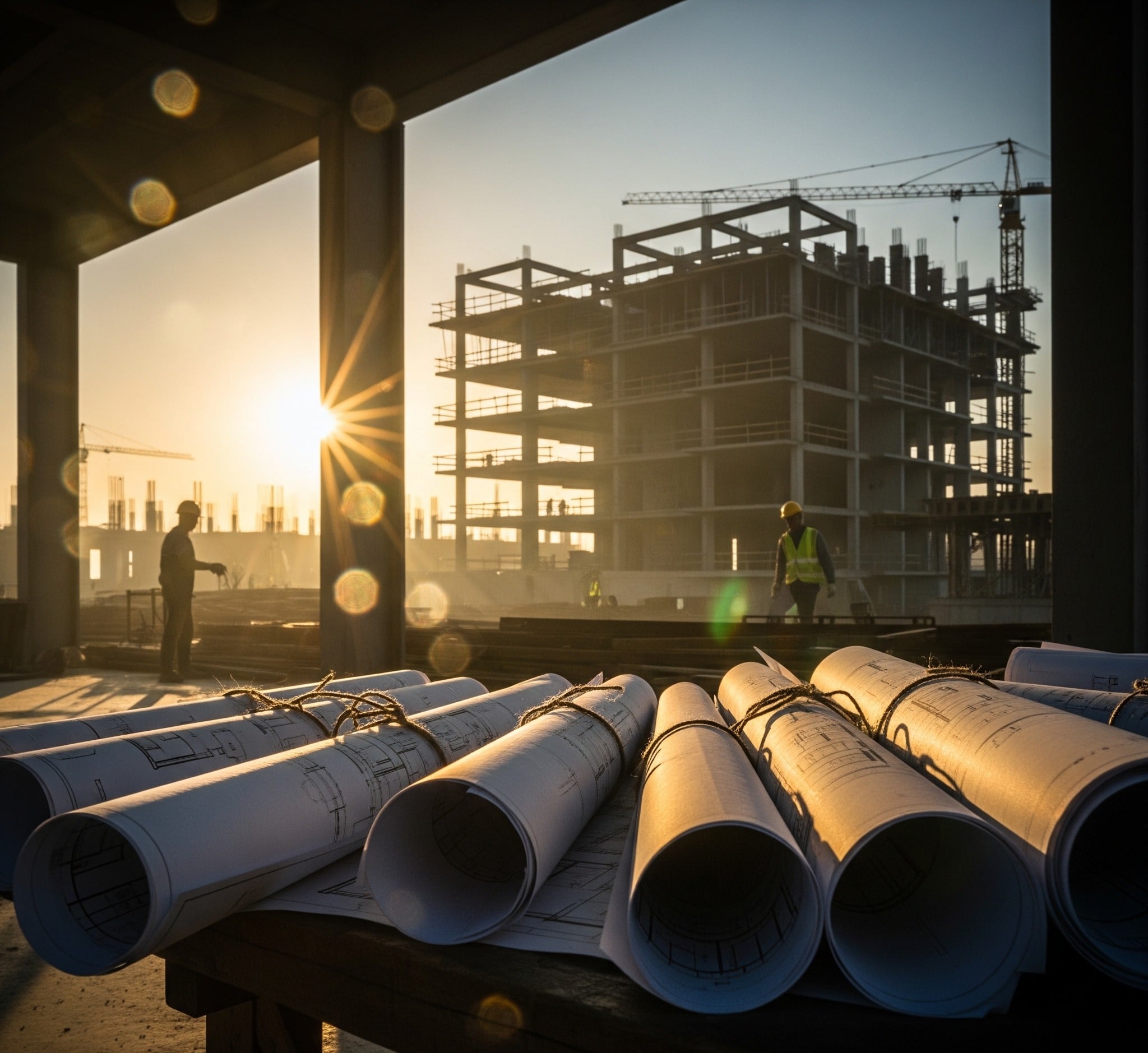 Baustelle mit Bauplänen